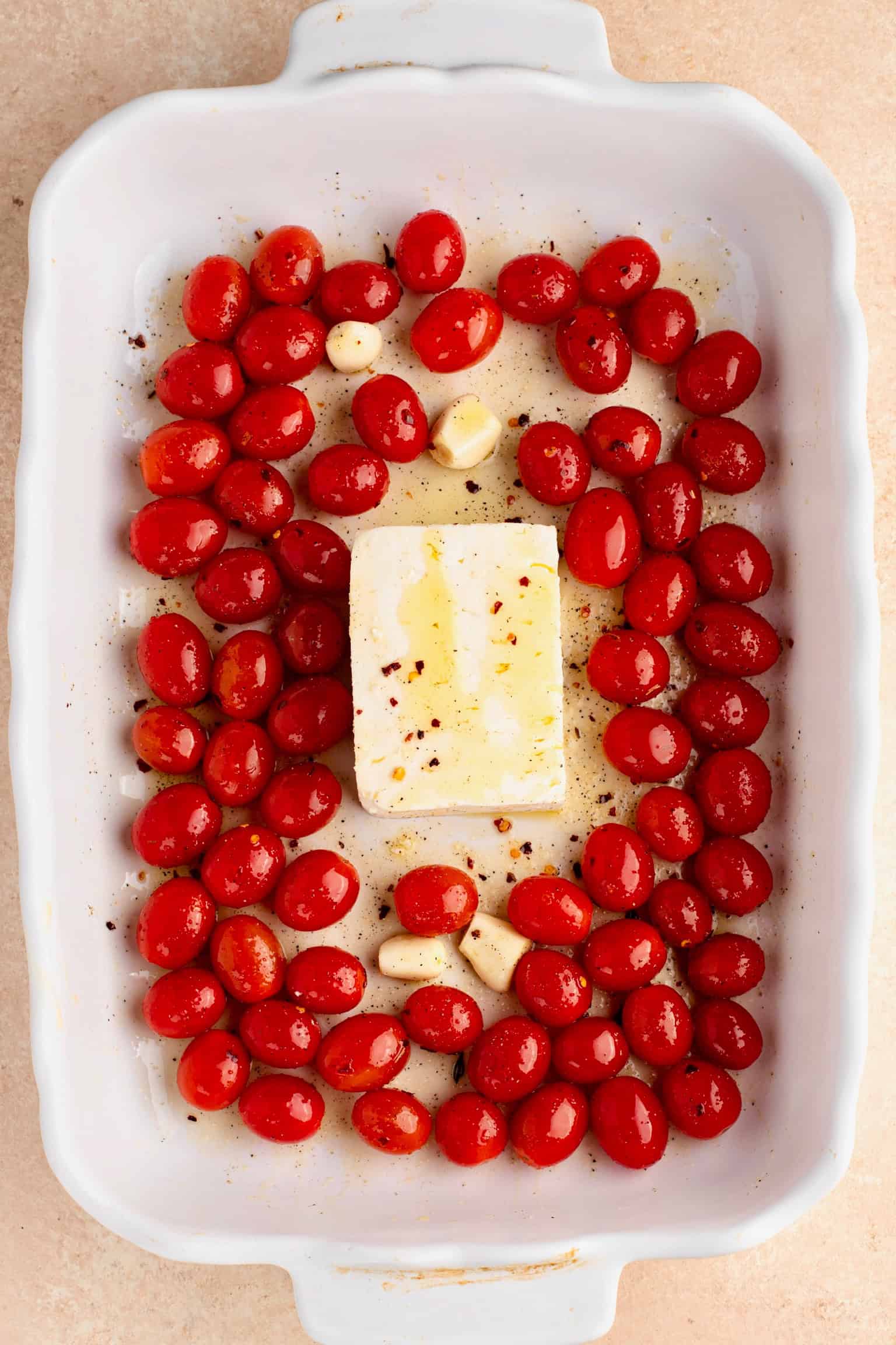 Baking dish with ingredients for the sauce for Baked Feta Pasta 