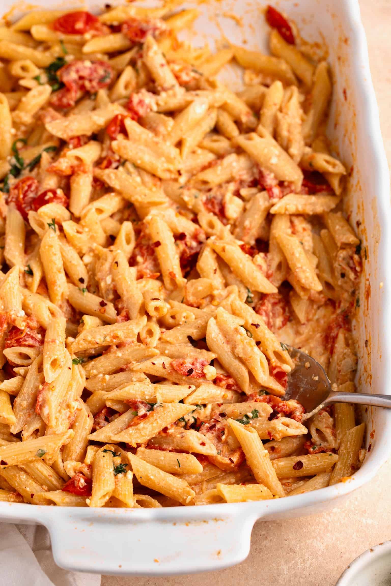 Pasta bake with feta out of the oven